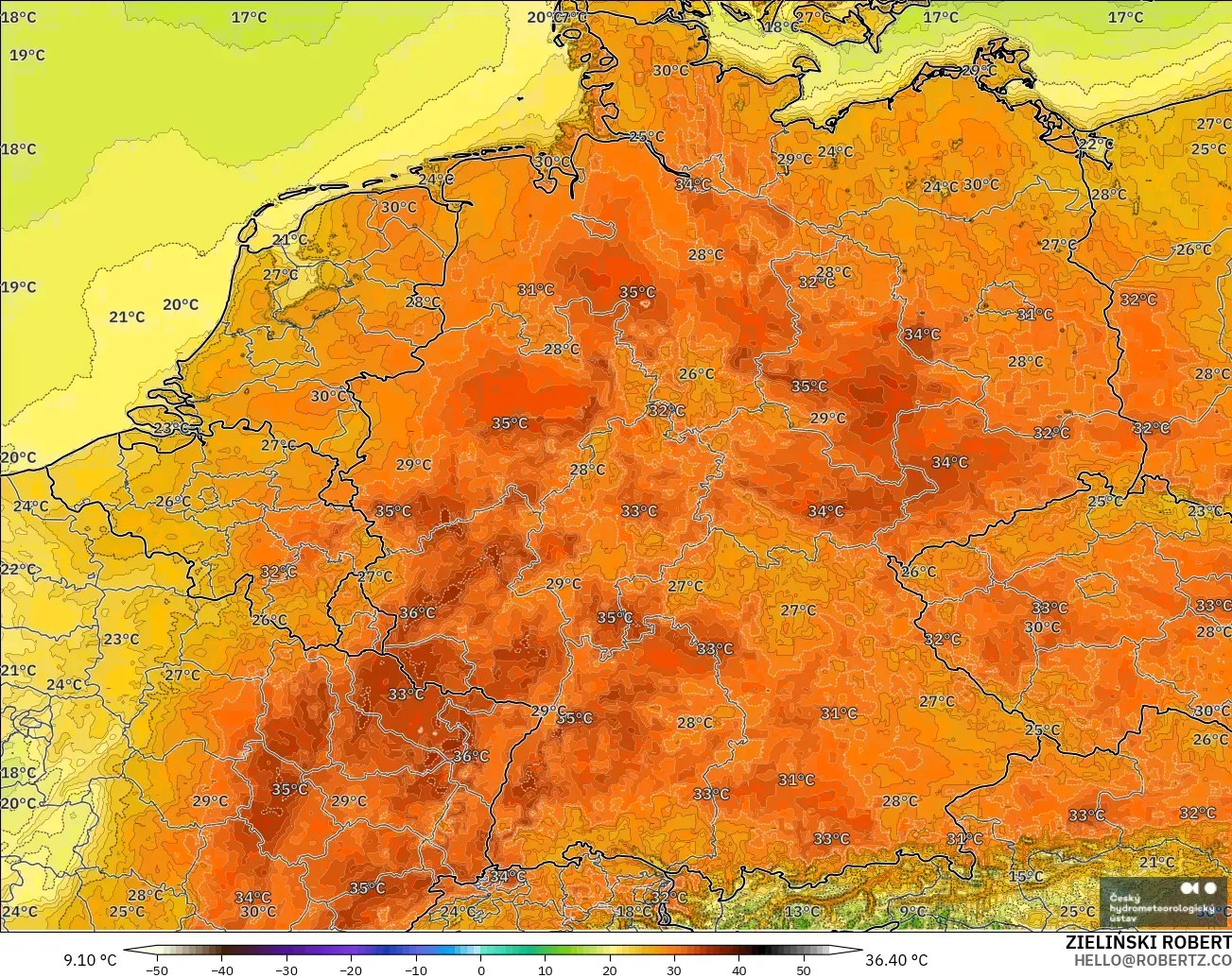 ALADIN CZ 2,3 km modelo - Alemanha, Temperatura a 2 m