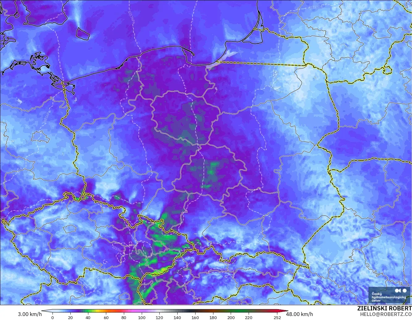 ALADIN CZ 2,3 km modelo - Polônia, Rajadas de Vento Máximas