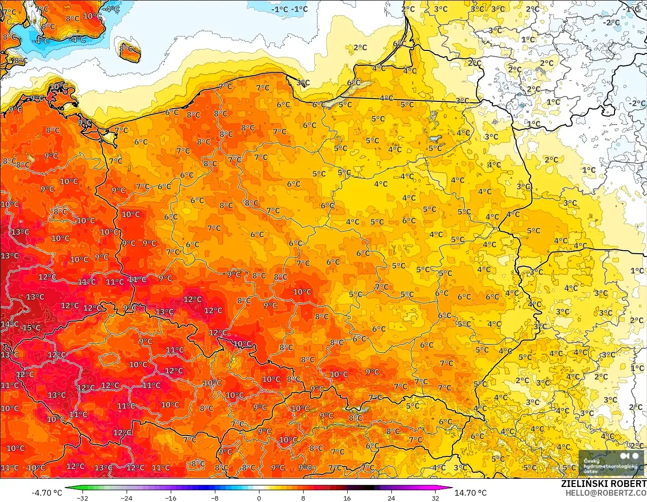 ALADIN CZ 2,3 km modelo - Polônia, Anomalia de temperatura a 2 m