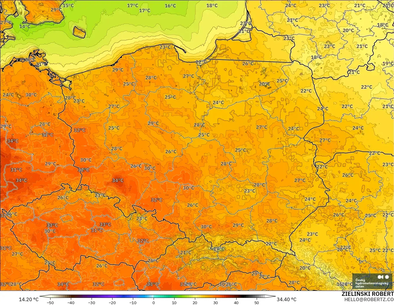 ALADIN CZ 2,3 km modelo - Polônia, Temperatura a 2 m