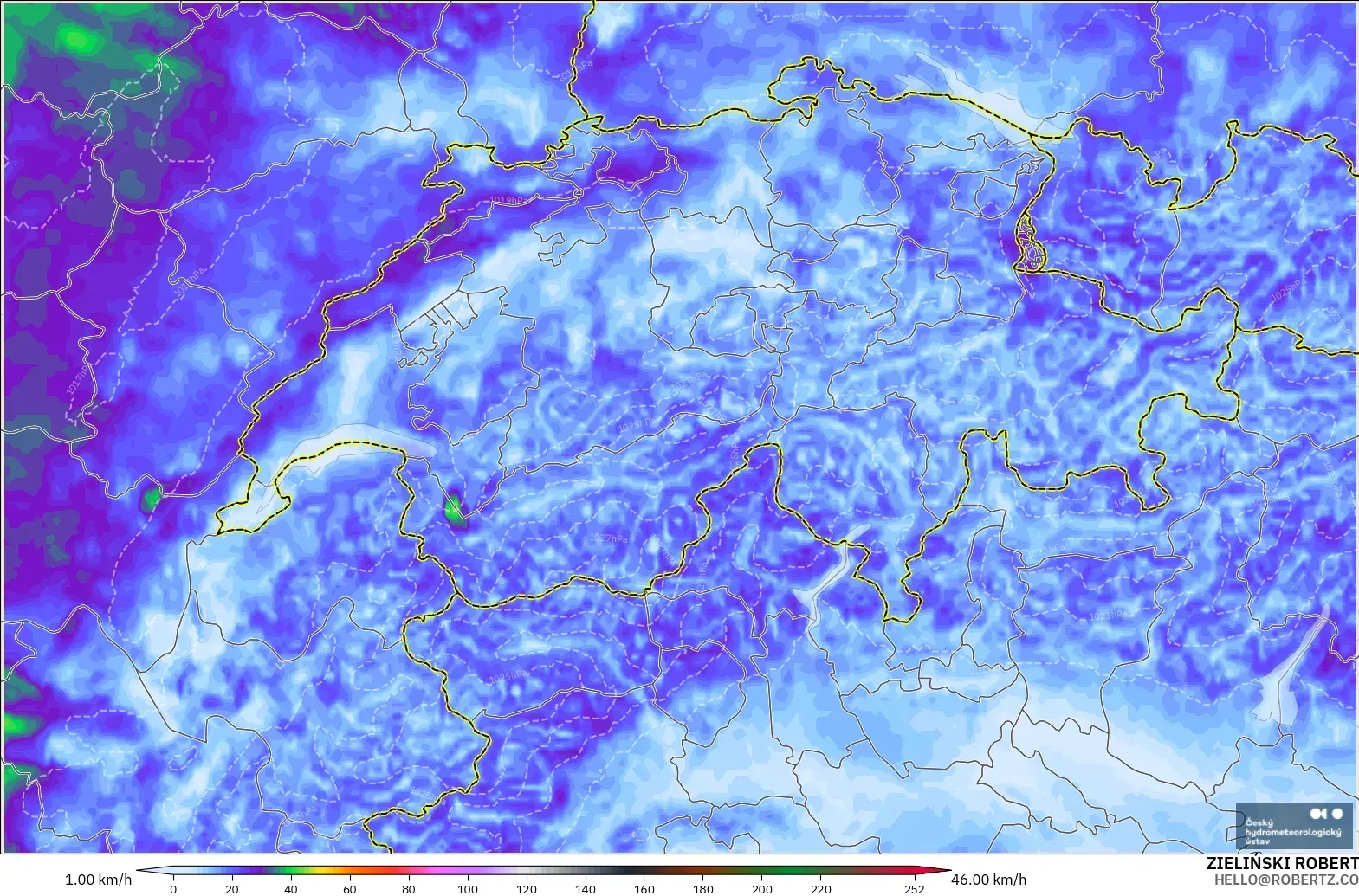 ALADIN CZ 2,3 km modelo - Suíça, Rajadas de Vento Máximas