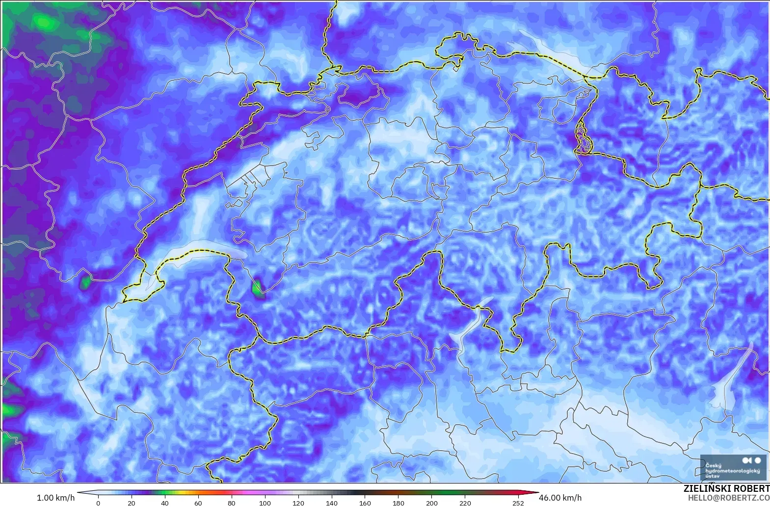 ALADIN CZ 2,3 km modelo - Suíça, Rajadas de vento