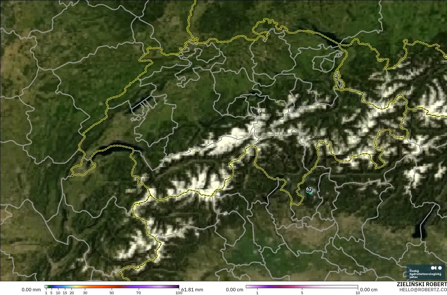ALADIN CZ 2,3 km modelo - Suíça, Precipitação, nuvens e pressão