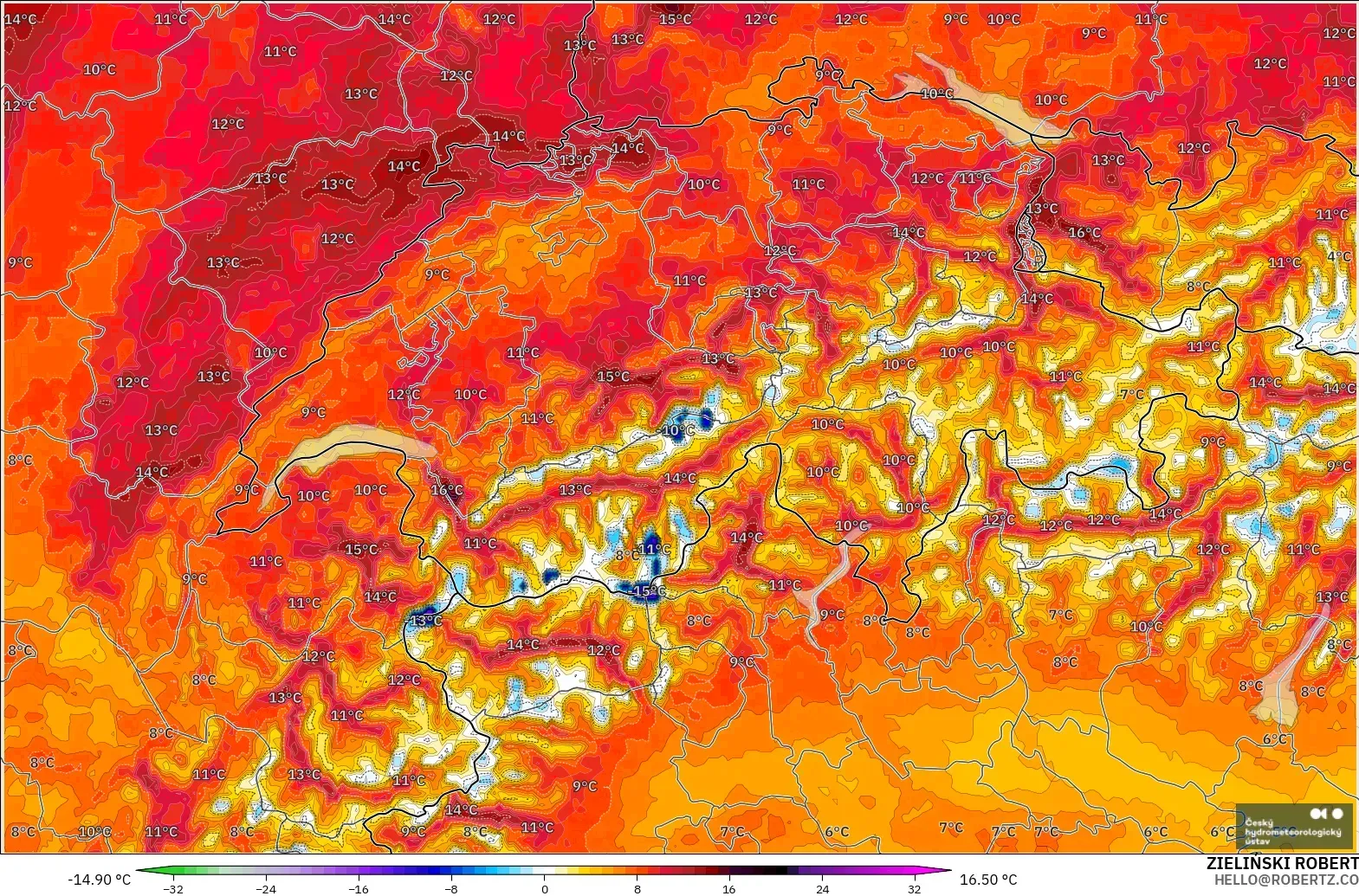 ALADIN CZ 2,3 km modelo - Suíça, Anomalia de temperatura a 2 m