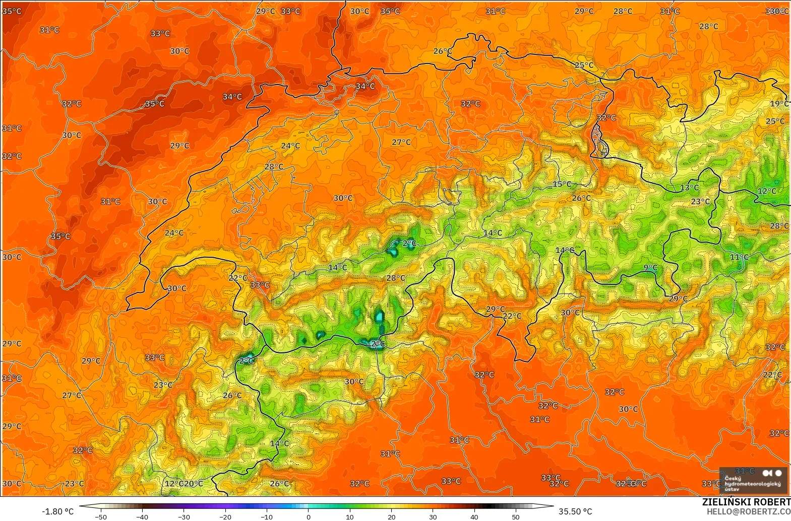 ALADIN CZ 2,3 km modelo - Suíça, Temperatura a 2 m