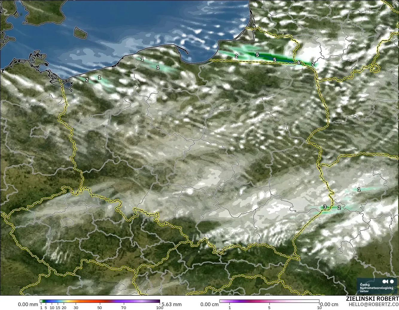 ALADIN CZ 2,3 km modelo - Polônia, Precipitação, nuvens e pressão