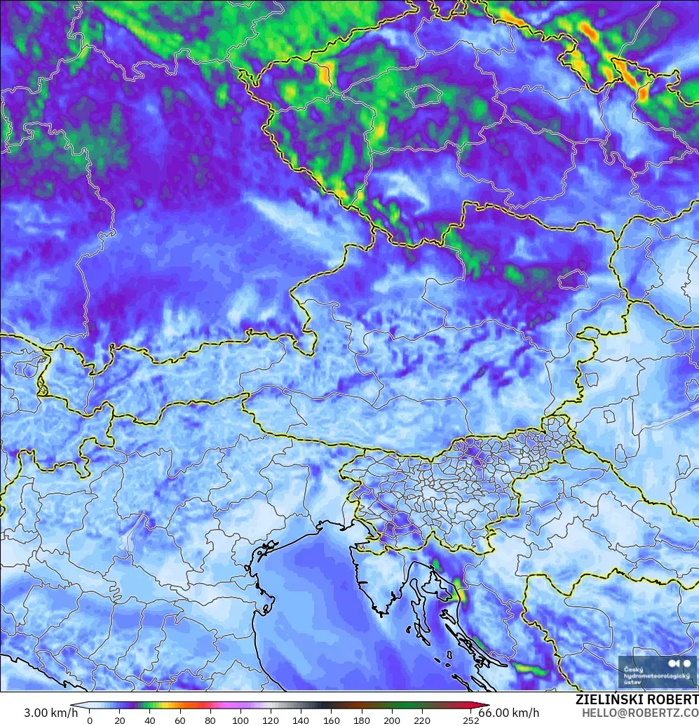 ALADIN CZ 2,3 km modelo - Áustria, Rajadas de vento