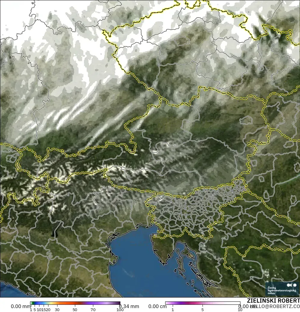 ALADIN CZ 2,3 km modelo - Áustria, Precipitação, nuvens e pressão