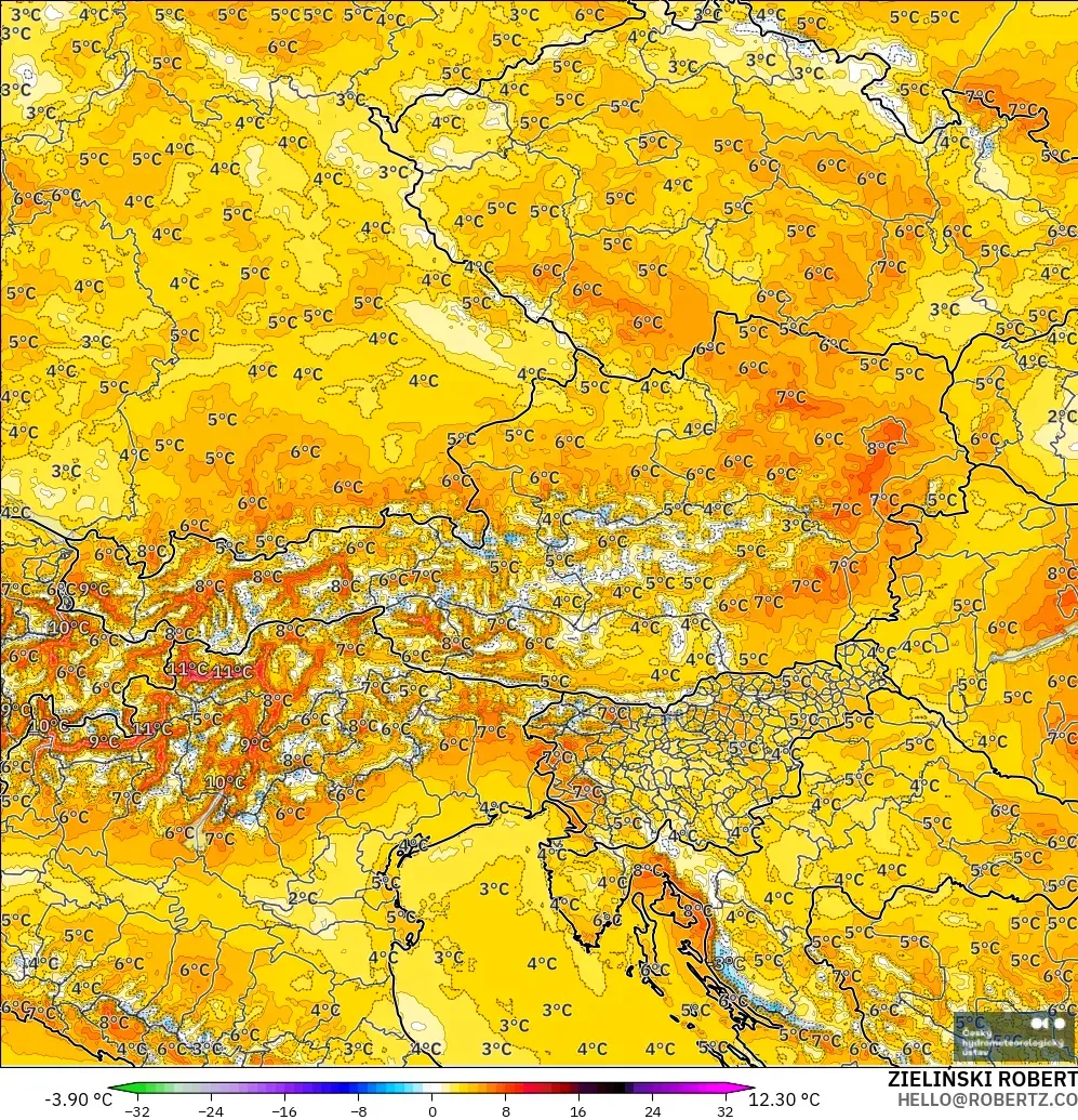 ALADIN CZ 2,3 km modelo - Áustria, Anomalia de temperatura a 2 m