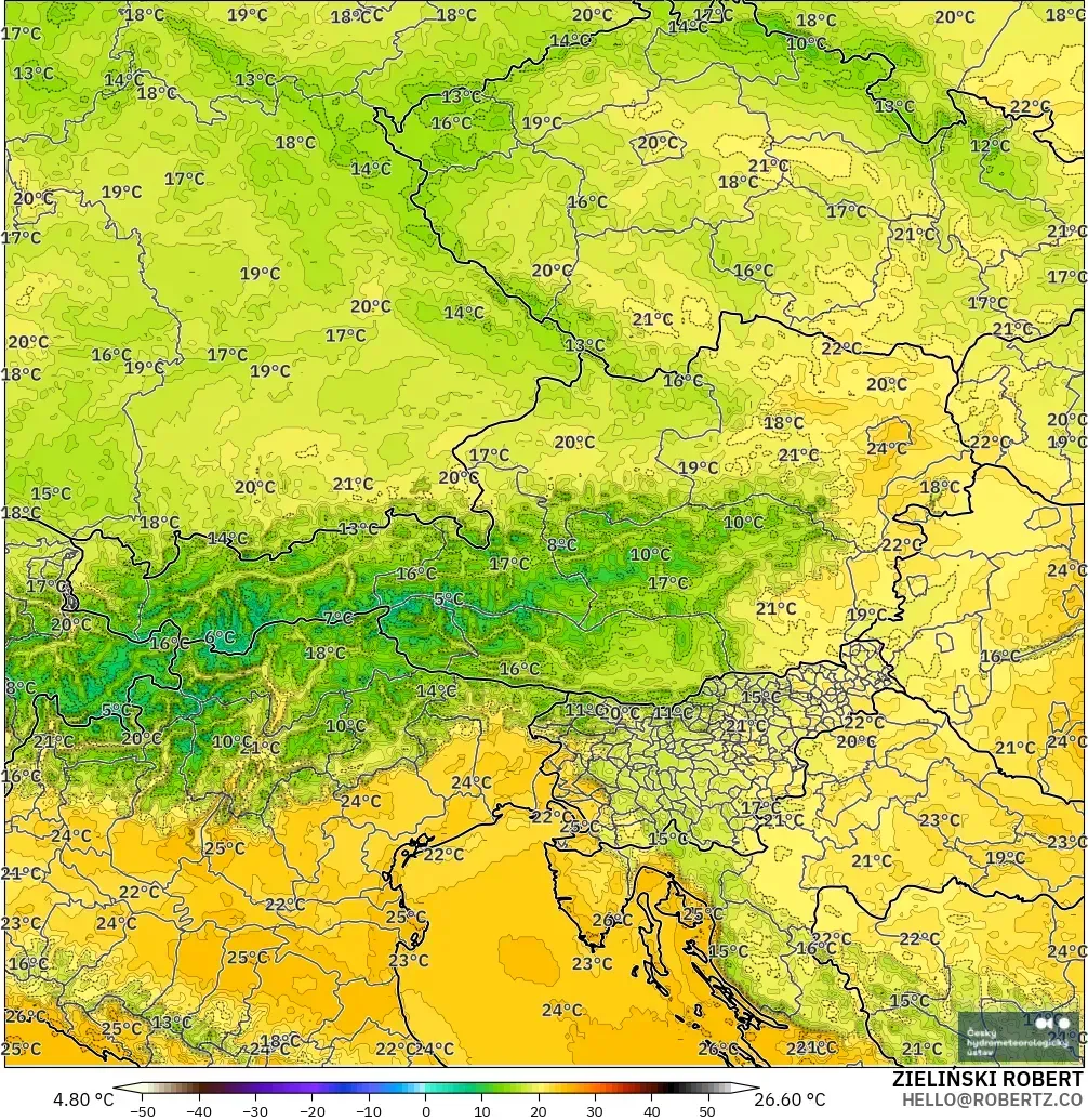 ALADIN CZ 2,3 km modelo - Áustria, Temperatura a 2 m