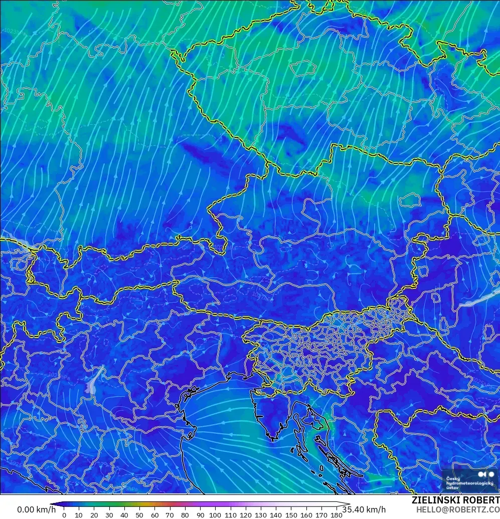 ALADIN CZ 2,3 km modelo - Áustria, Vento a 10 m