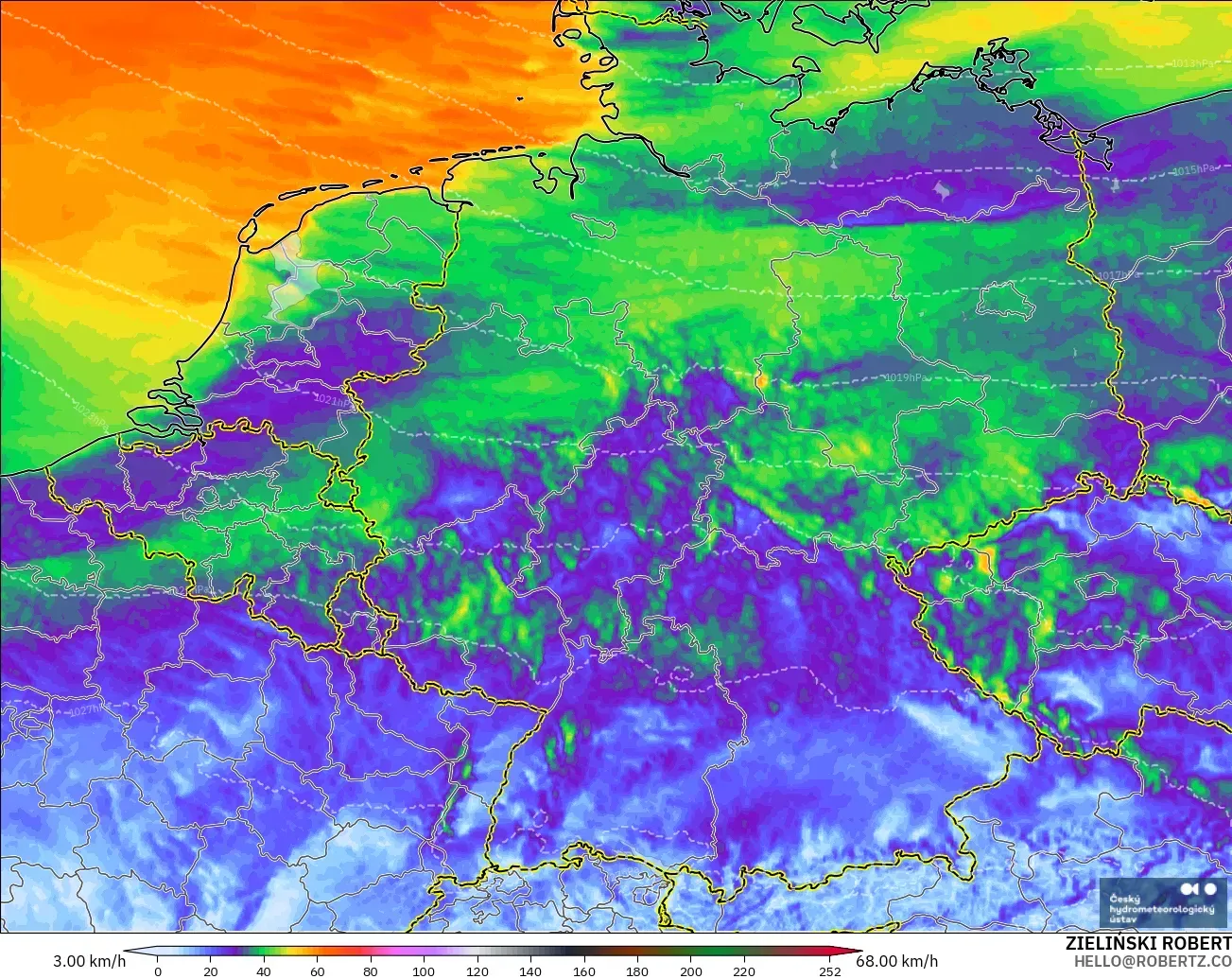 ALADIN CZ 2,3 km modelo - Alemanha, Rajadas de Vento Máximas