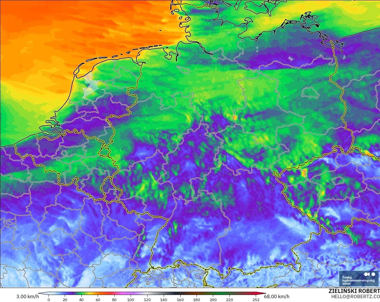 ALADIN CZ 2,3 km modelo - Alemanha, Rajadas de vento