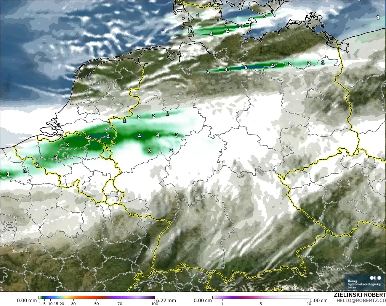 ALADIN CZ 2,3 km modelo - Alemanha, Precipitação, nuvens e pressão