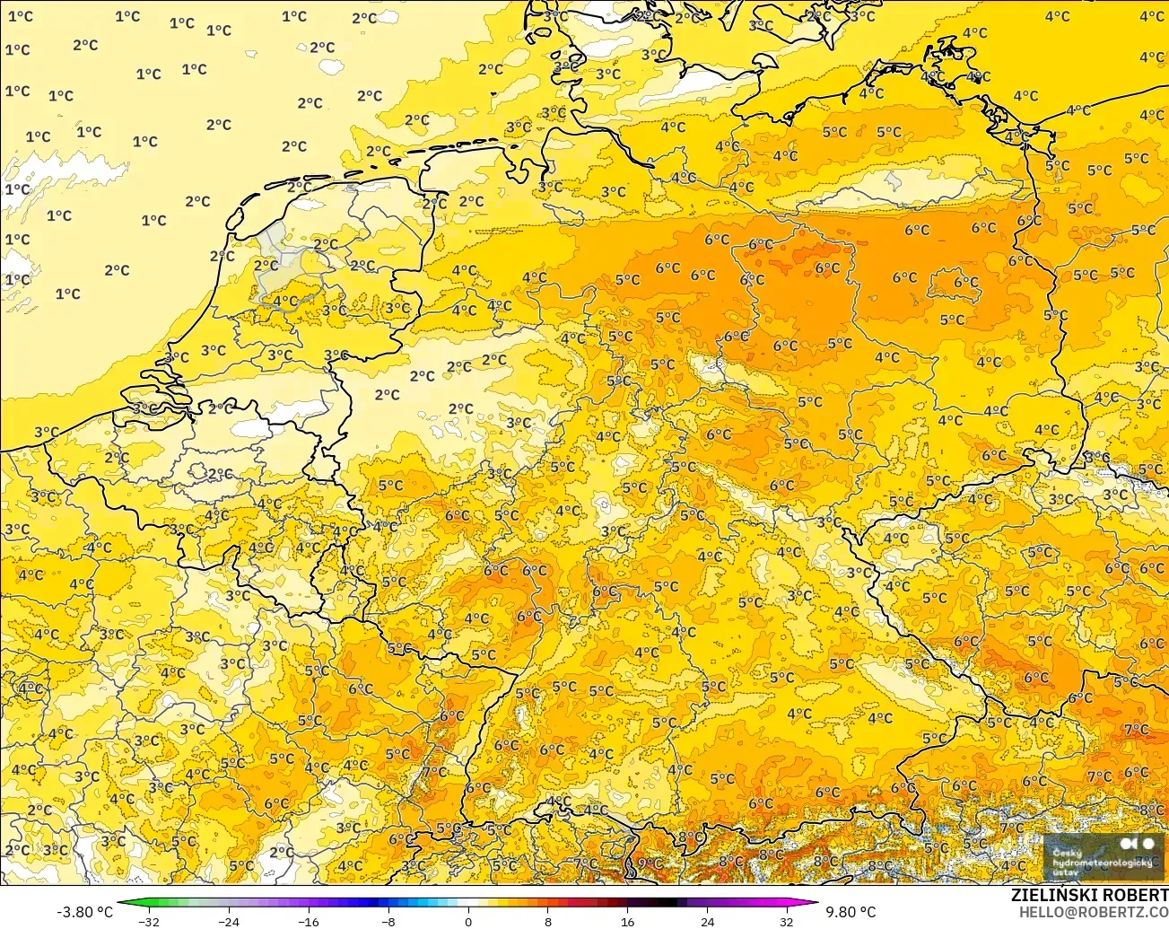 ALADIN CZ 2,3 km modelo - Alemanha, Anomalia de temperatura a 2 m