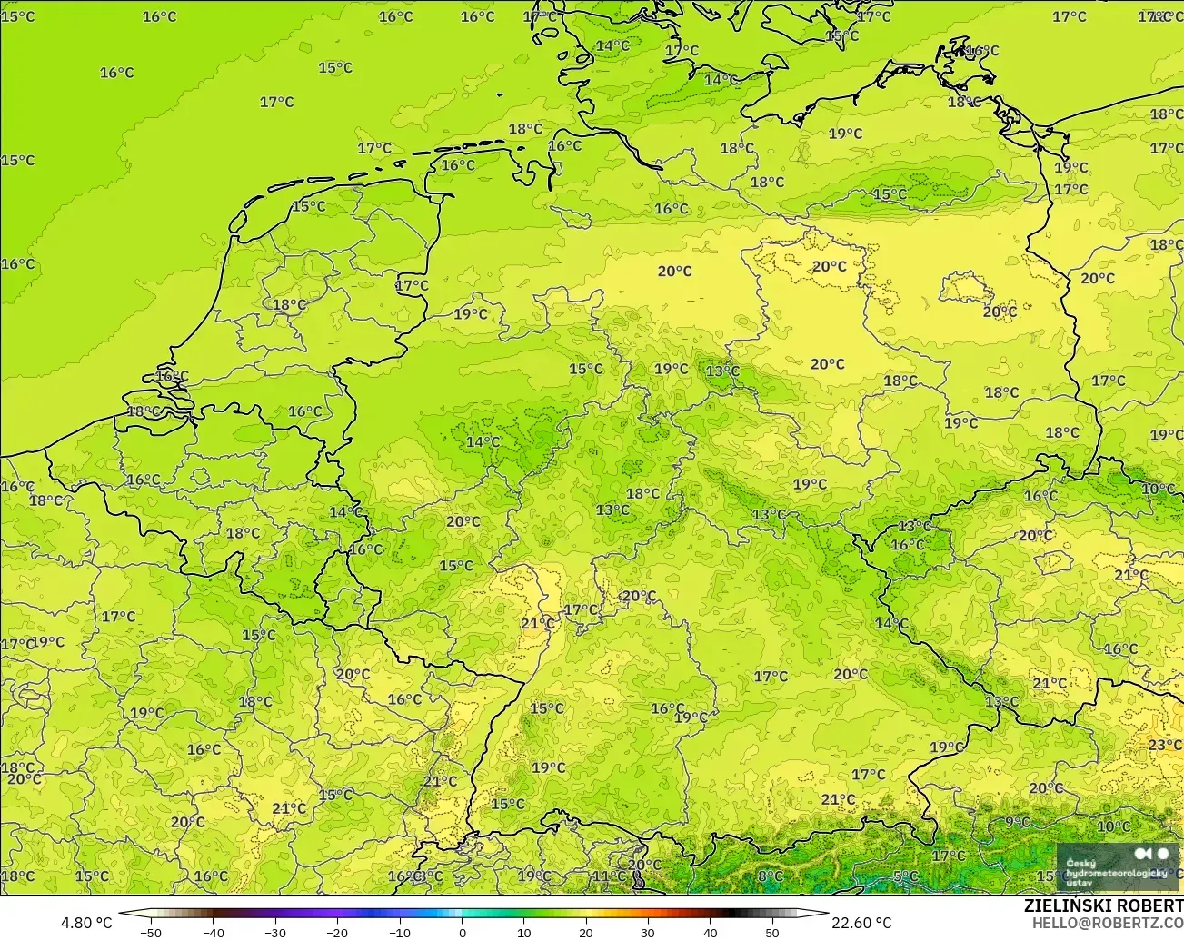 ALADIN CZ 2,3 km modelo - Alemanha, Temperatura a 2 m