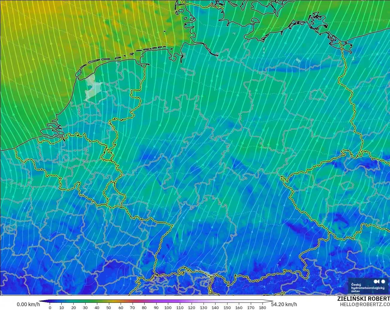 ALADIN CZ 2,3 km modelo - Alemanha, Vento a 10 m