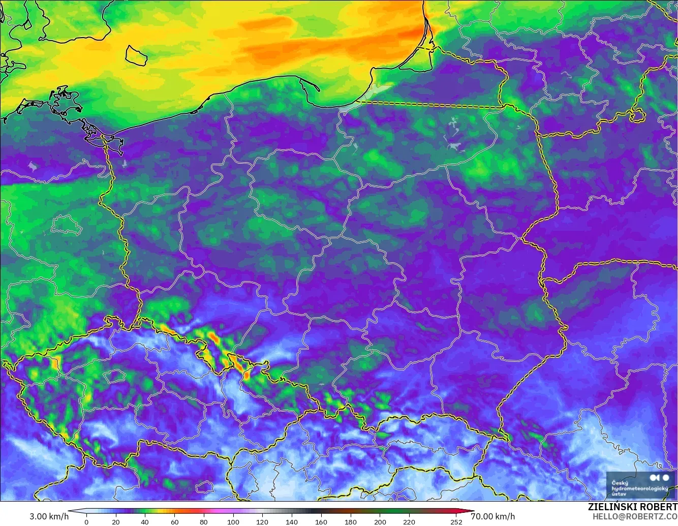 ALADIN CZ 2,3 km modelo - Polônia, Rajadas de vento