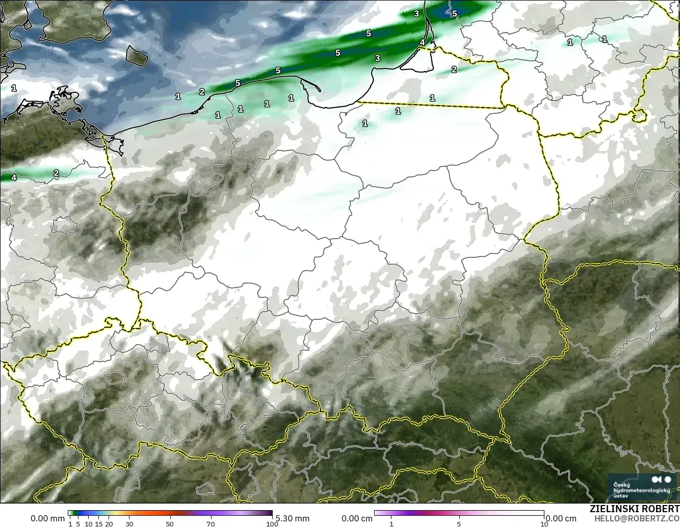 ALADIN CZ 2,3 km modelo - Polônia, Precipitação, nuvens e pressão