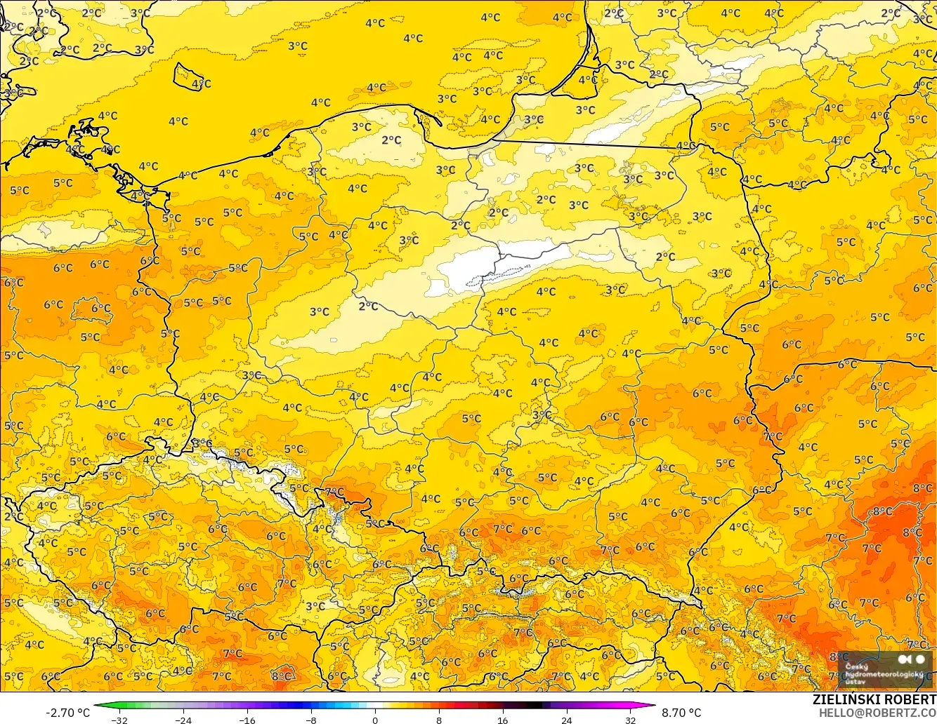 ALADIN CZ 2,3 km modelo - Polônia, Anomalia de temperatura a 2 m