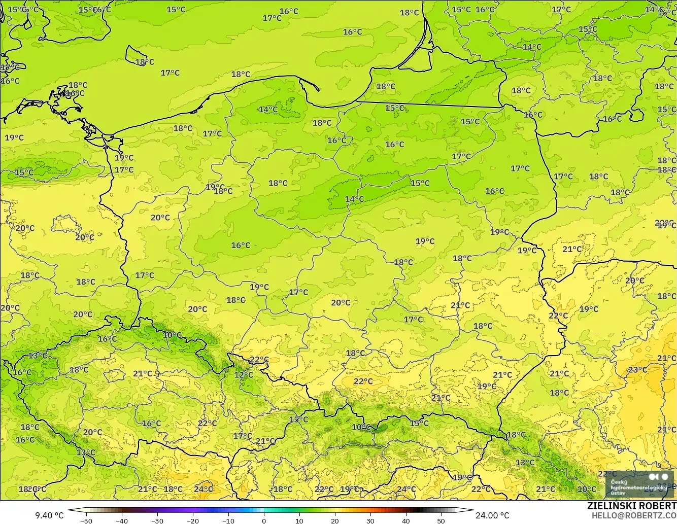 ALADIN CZ 2,3 km modelo - Polônia, Temperatura a 2 m