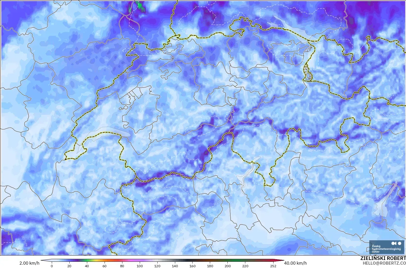 ALADIN CZ 2,3 km modelo - Suíça, Rajadas de Vento Máximas