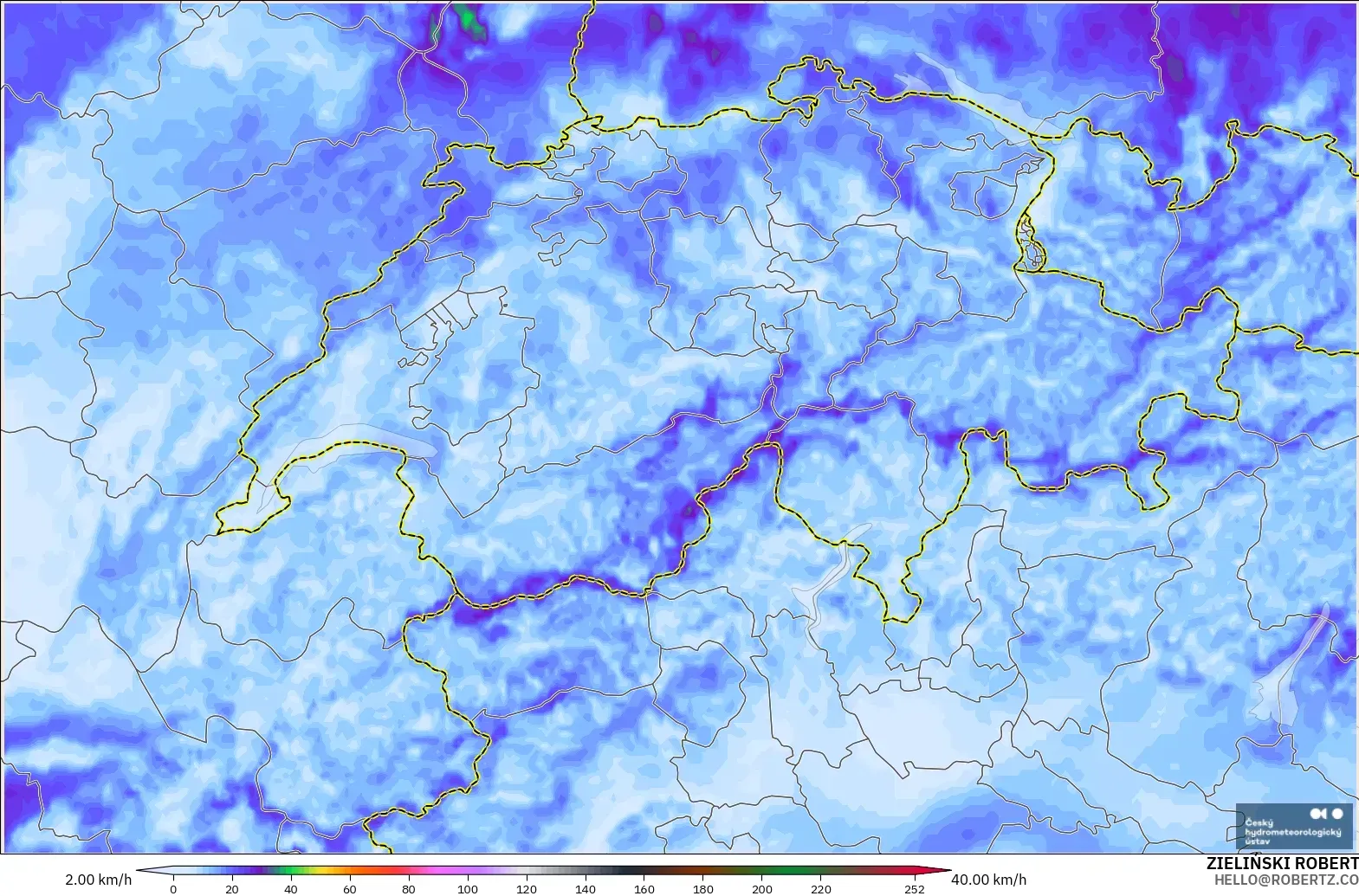 ALADIN CZ 2,3 km modelo - Suíça, Rajadas de vento