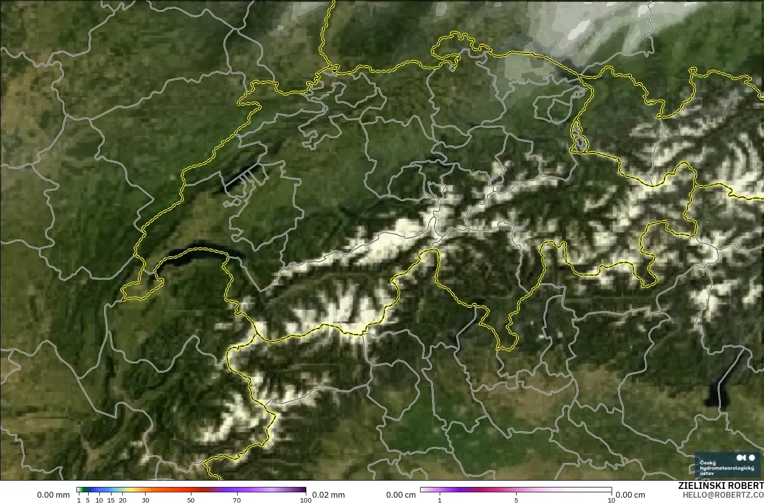 ALADIN CZ 2,3 km modelo - Suíça, Precipitação, nuvens e pressão