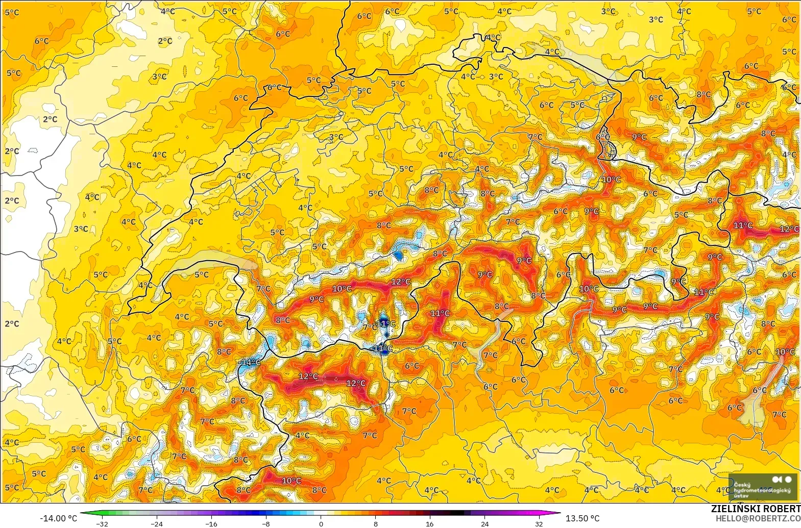 ALADIN CZ 2,3 km modelo - Suíça, Anomalia de temperatura a 2 m