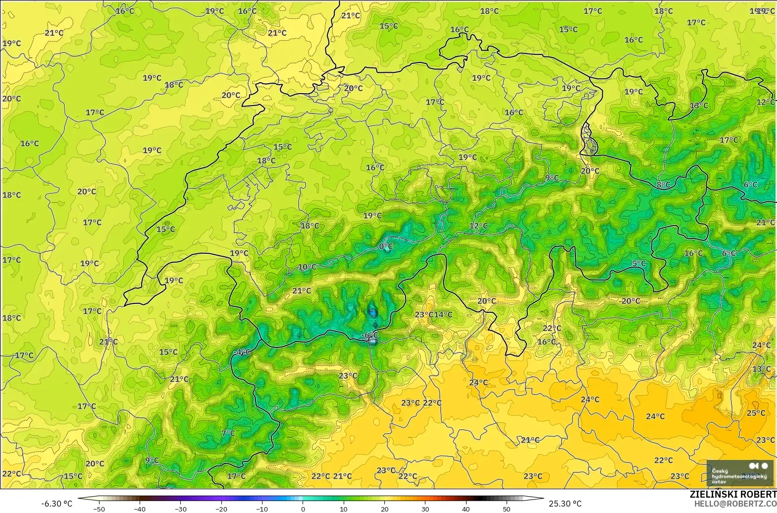 ALADIN CZ 2,3 km modelo - Suíça, Temperatura a 2 m