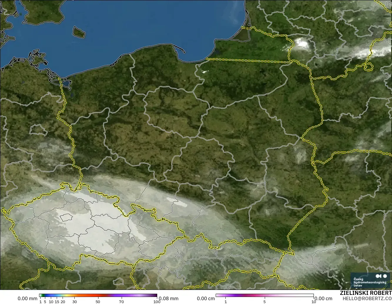 ALADIN CZ 2,3 km modelo - Polônia, Precipitação, nuvens e pressão