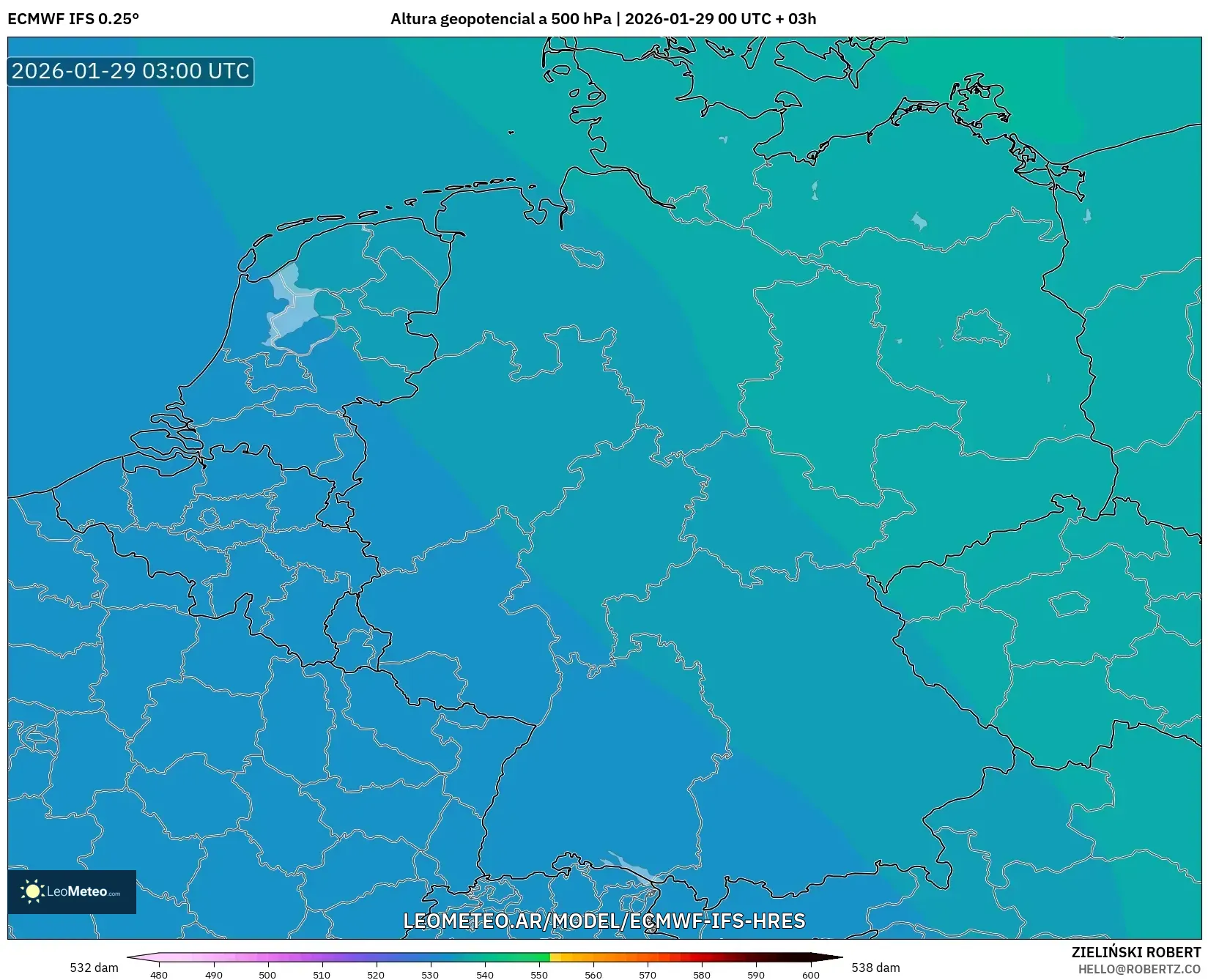 ECMWF IFS 0,25° model - Alemanha, Altura geopotencial a 500 hPa