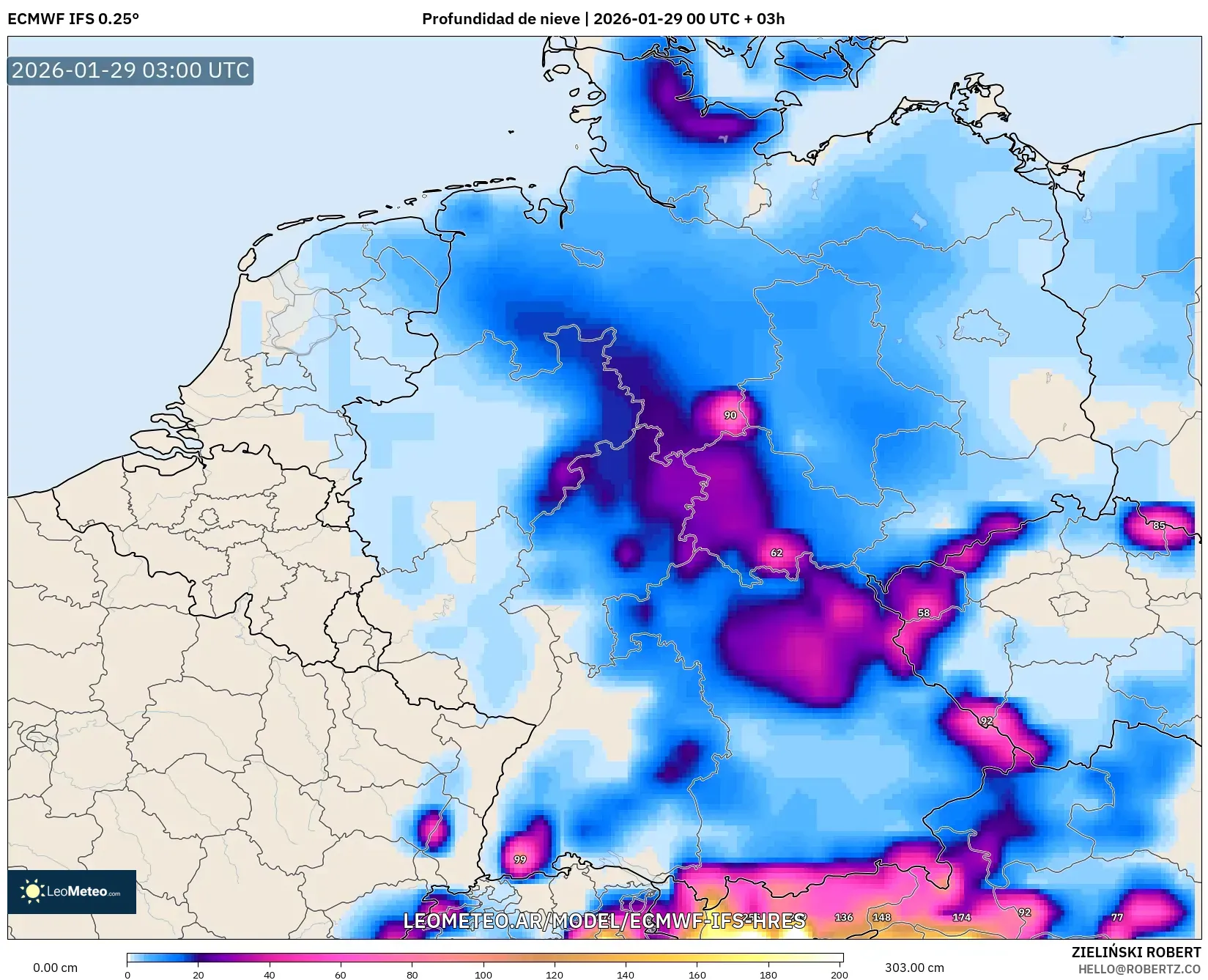 ECMWF IFS 0,25° model - Alemanha, Profundidade da neve