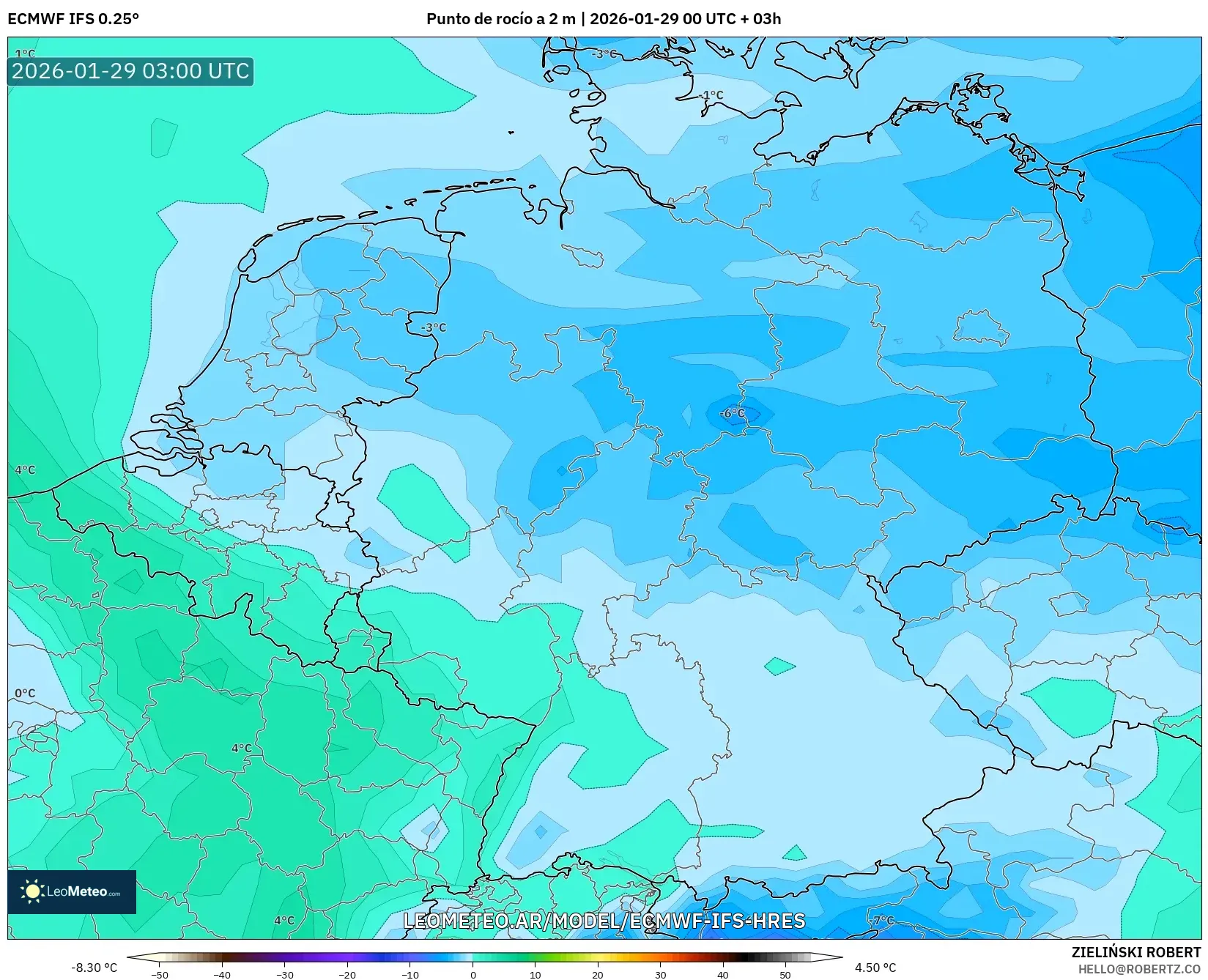 ECMWF IFS 0,25° model - Alemanha, Ponto de orvalho a 2 m