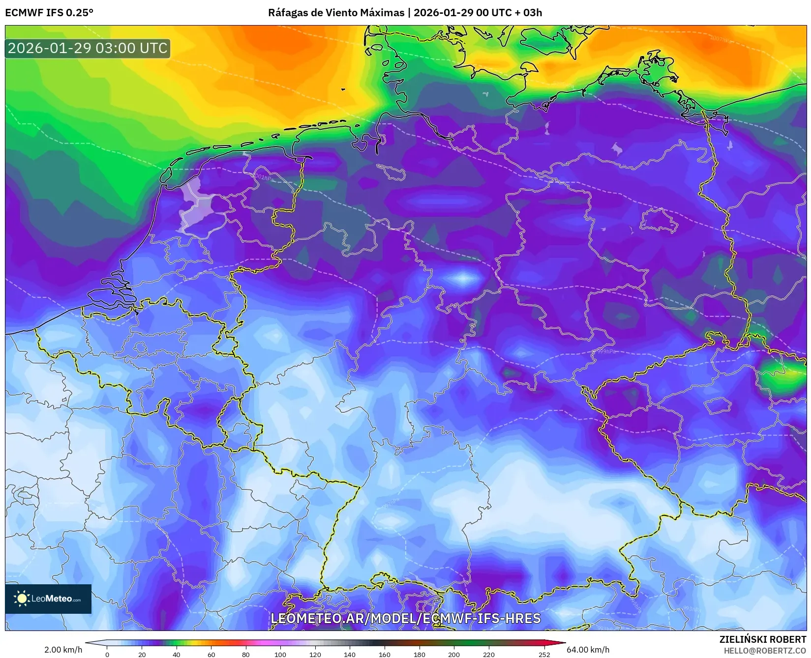 ECMWF IFS 0,25° model - Alemanha, Rajadas de Vento Máximas