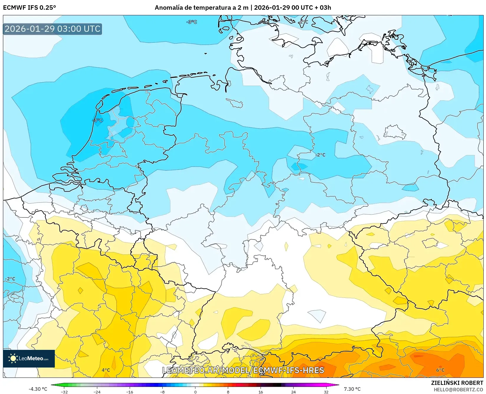 ECMWF IFS 0,25° model - Alemanha, Anomalia de temperatura a 2 m