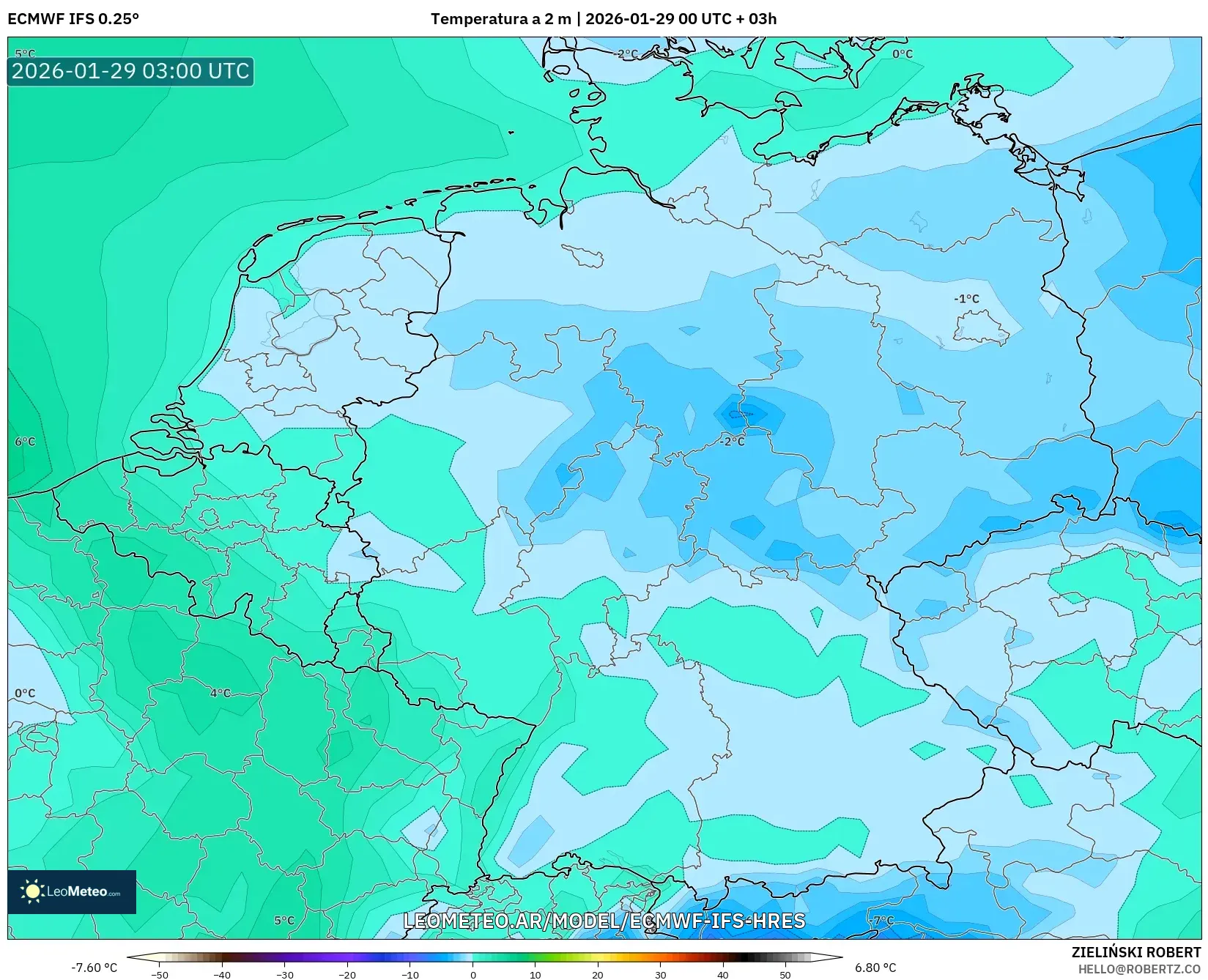 ECMWF IFS 0,25° model - Alemanha, Temperatura a 2 m
