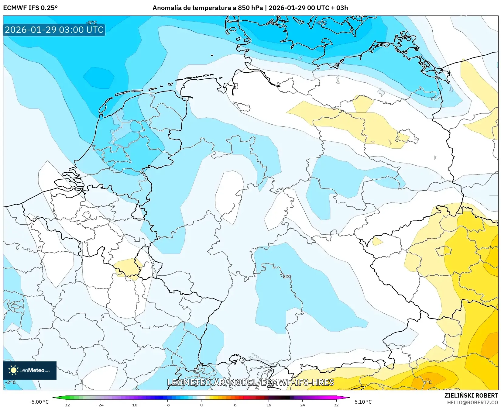 ECMWF IFS 0,25° model - Alemanha, Anomalia de temperatura a 850 hPa