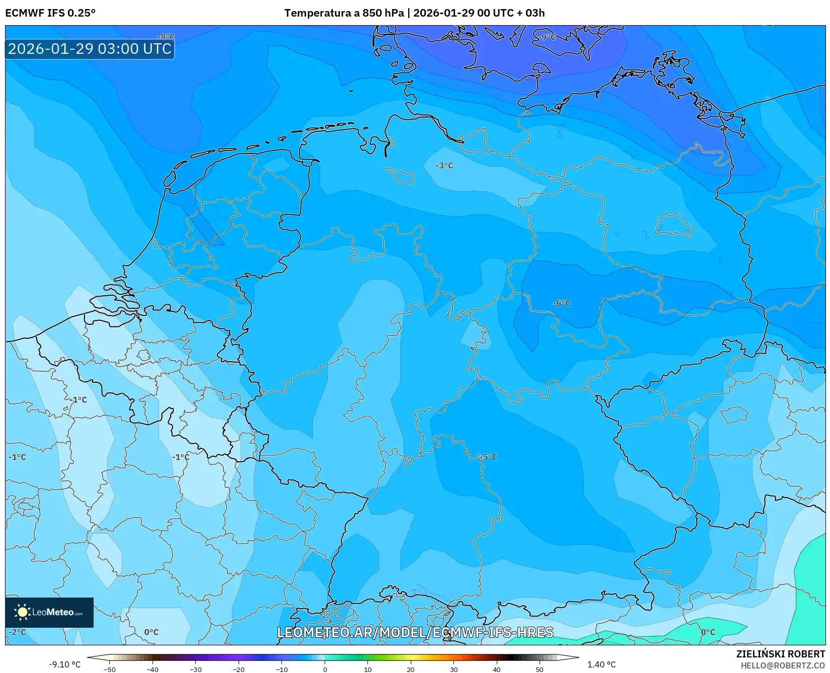 ECMWF IFS 0,25° model - Alemanha, Temperatura a 850 hPa