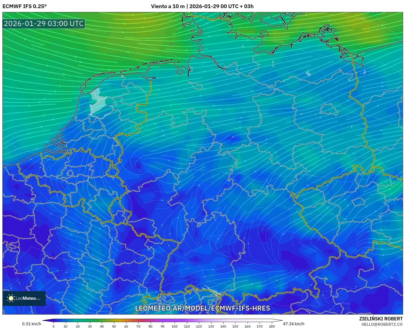 ECMWF IFS 0,25° model - Alemanha, Vento a 10 m