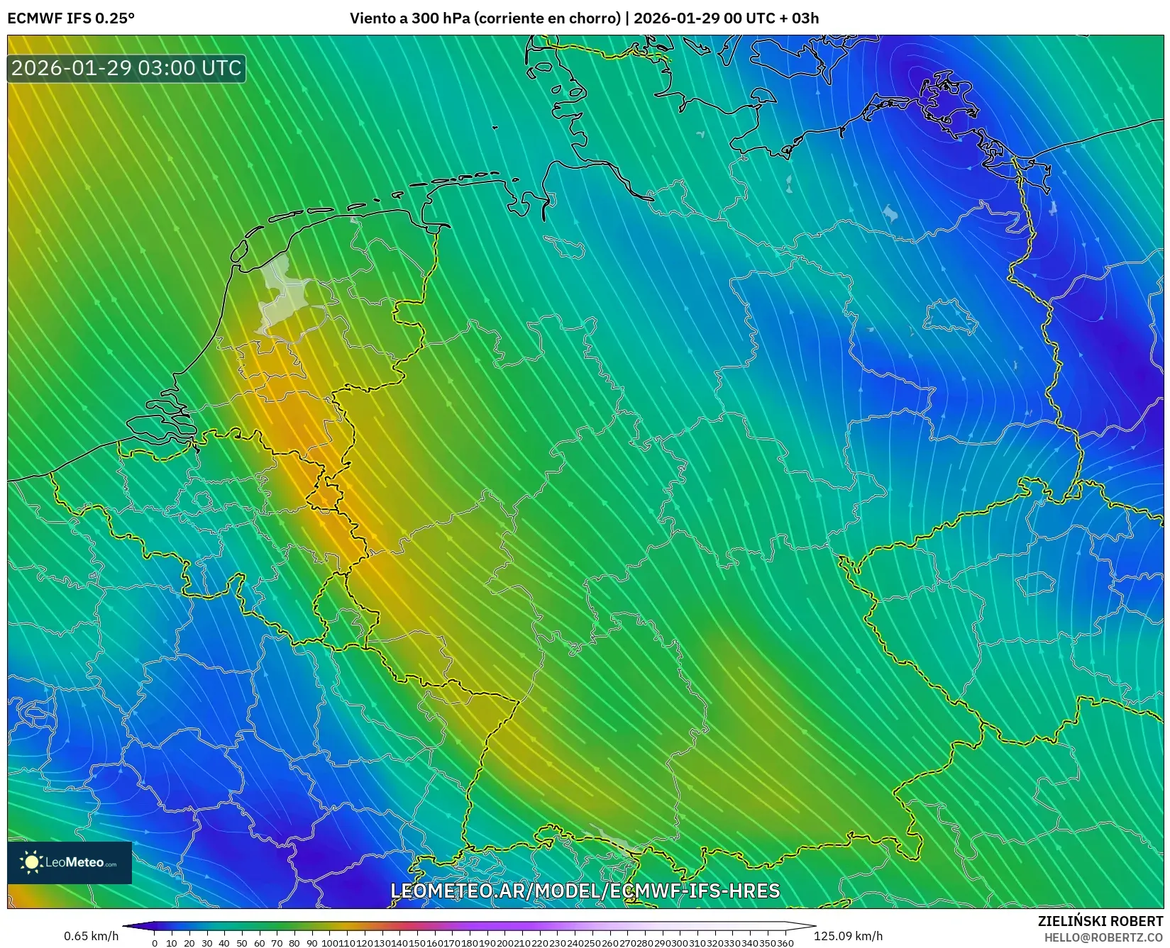 ECMWF IFS 0,25° model - Alemanha, Vento a 300 hPa (corrente em jato)