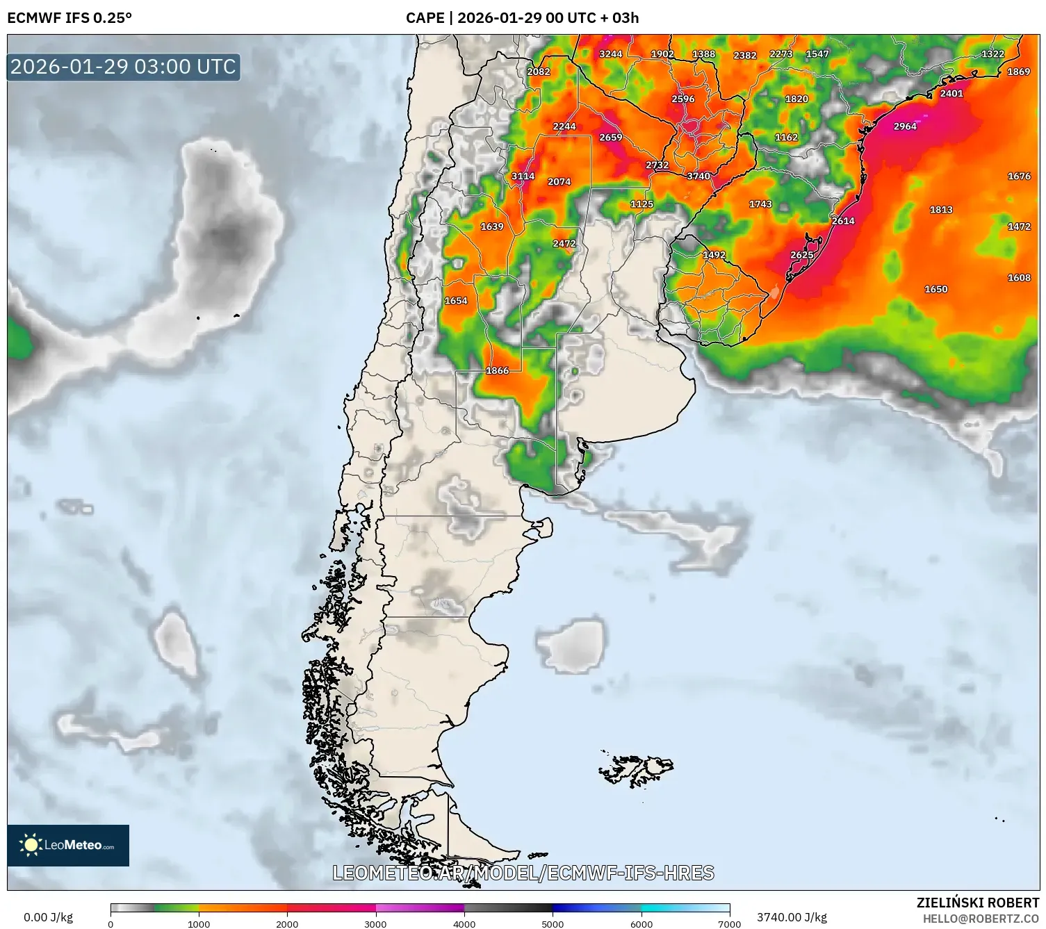 ECMWF IFS 0,25° model - Argentina, CAPE