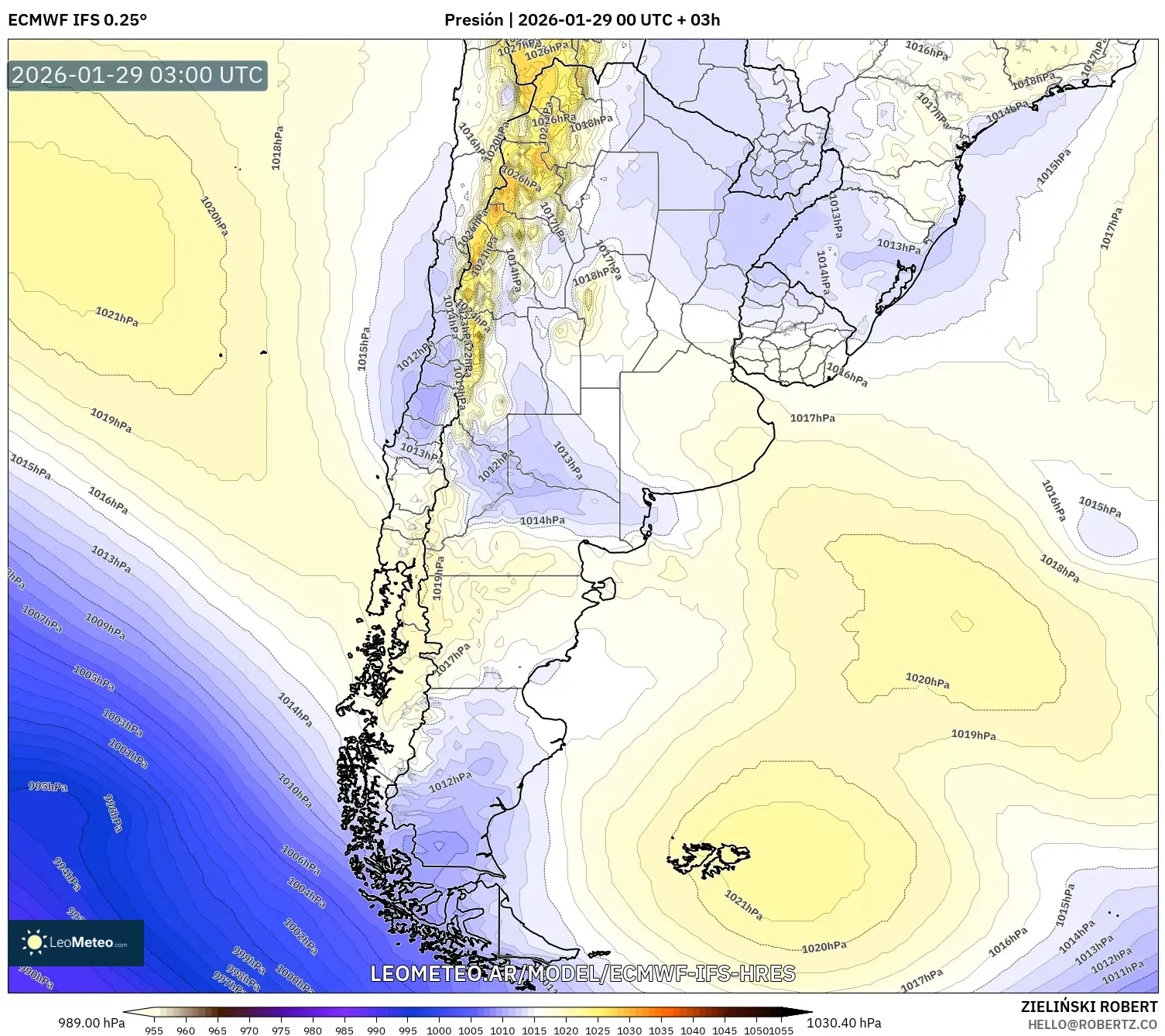 ECMWF IFS 0,25° model - Argentina, Pressão