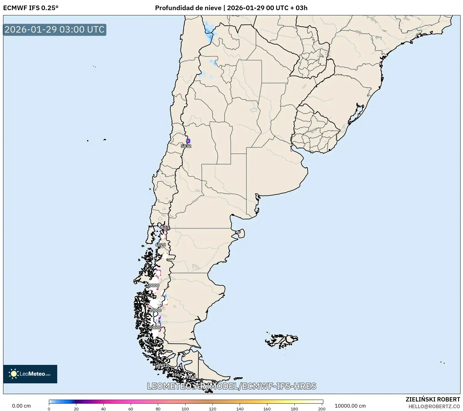 ECMWF IFS 0,25° model - Argentina, Profundidade da neve