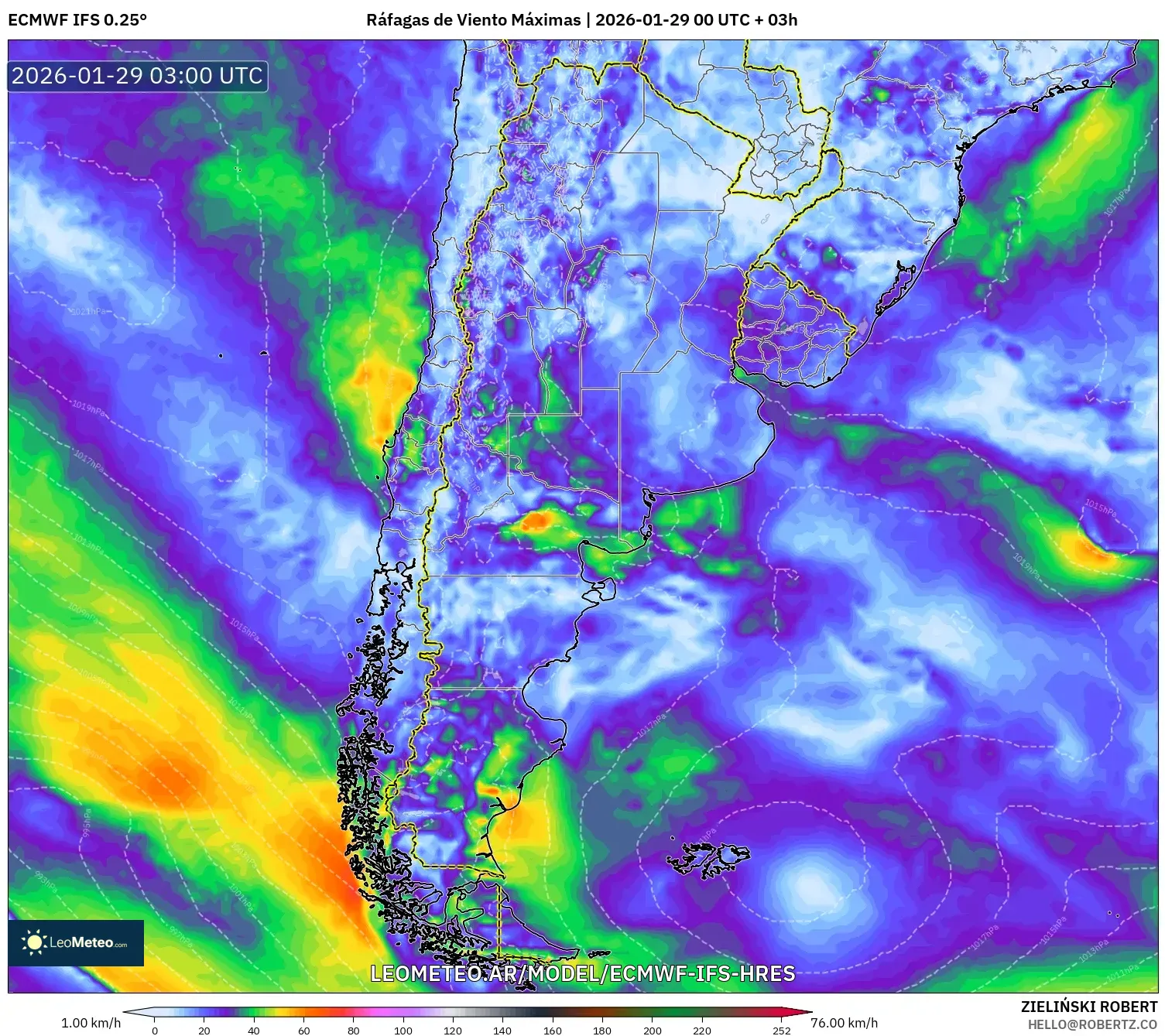 ECMWF IFS 0,25° model - Argentina, Rajadas de Vento Máximas