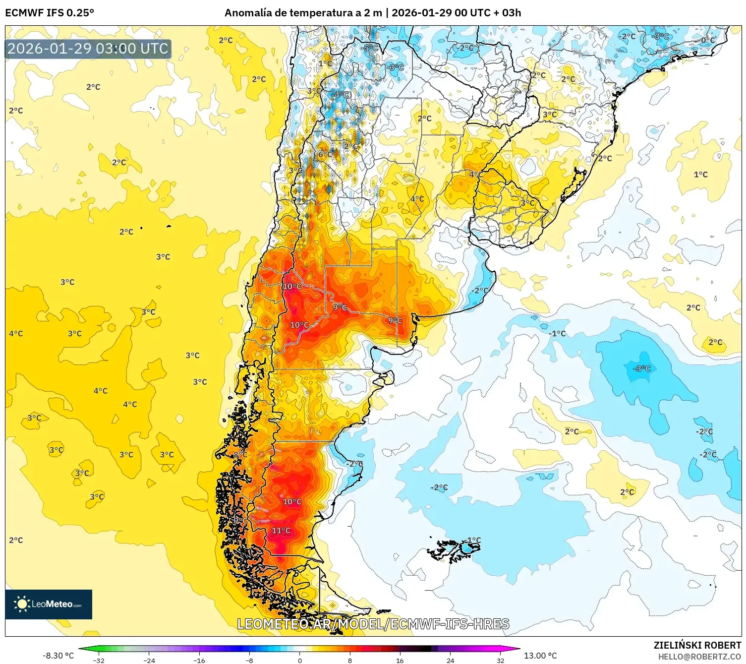 ECMWF IFS 0,25° model - Argentina, Anomalia de temperatura a 2 m