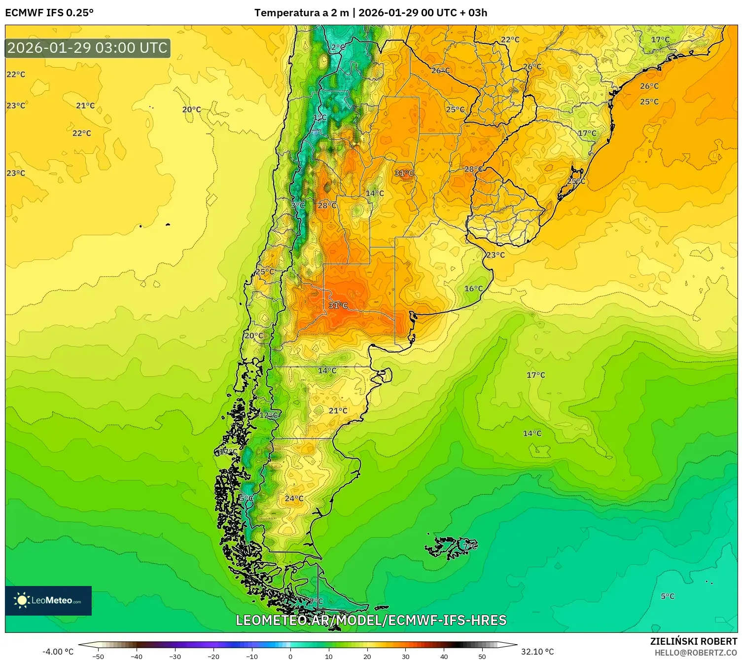 ECMWF IFS 0,25° model - Argentina, Temperatura a 2 m