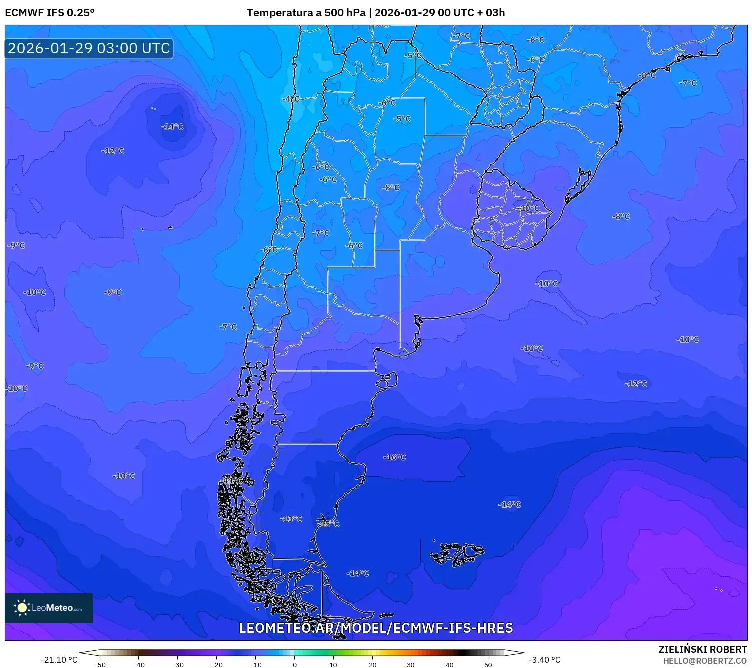ECMWF IFS 0,25° model - Argentina, Temperatura a 500 hPa