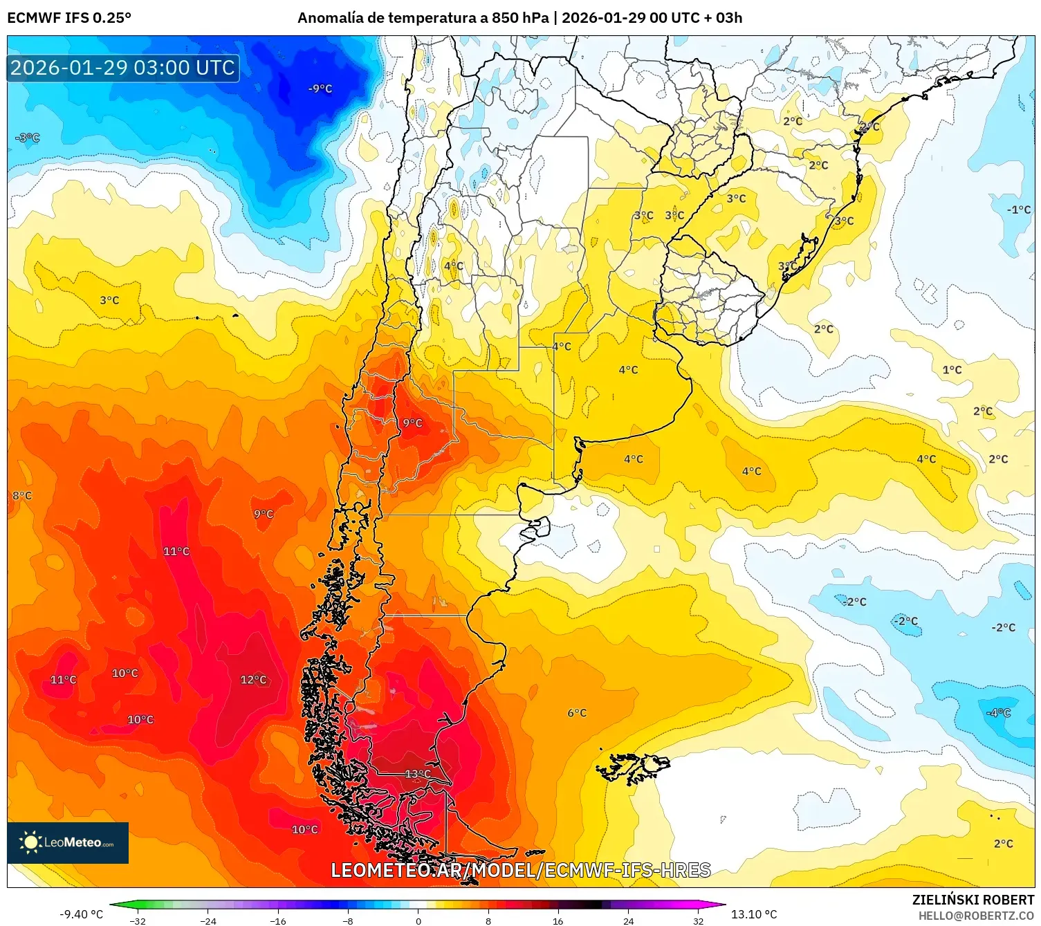 ECMWF IFS 0,25° model - Argentina, Anomalia de temperatura a 850 hPa