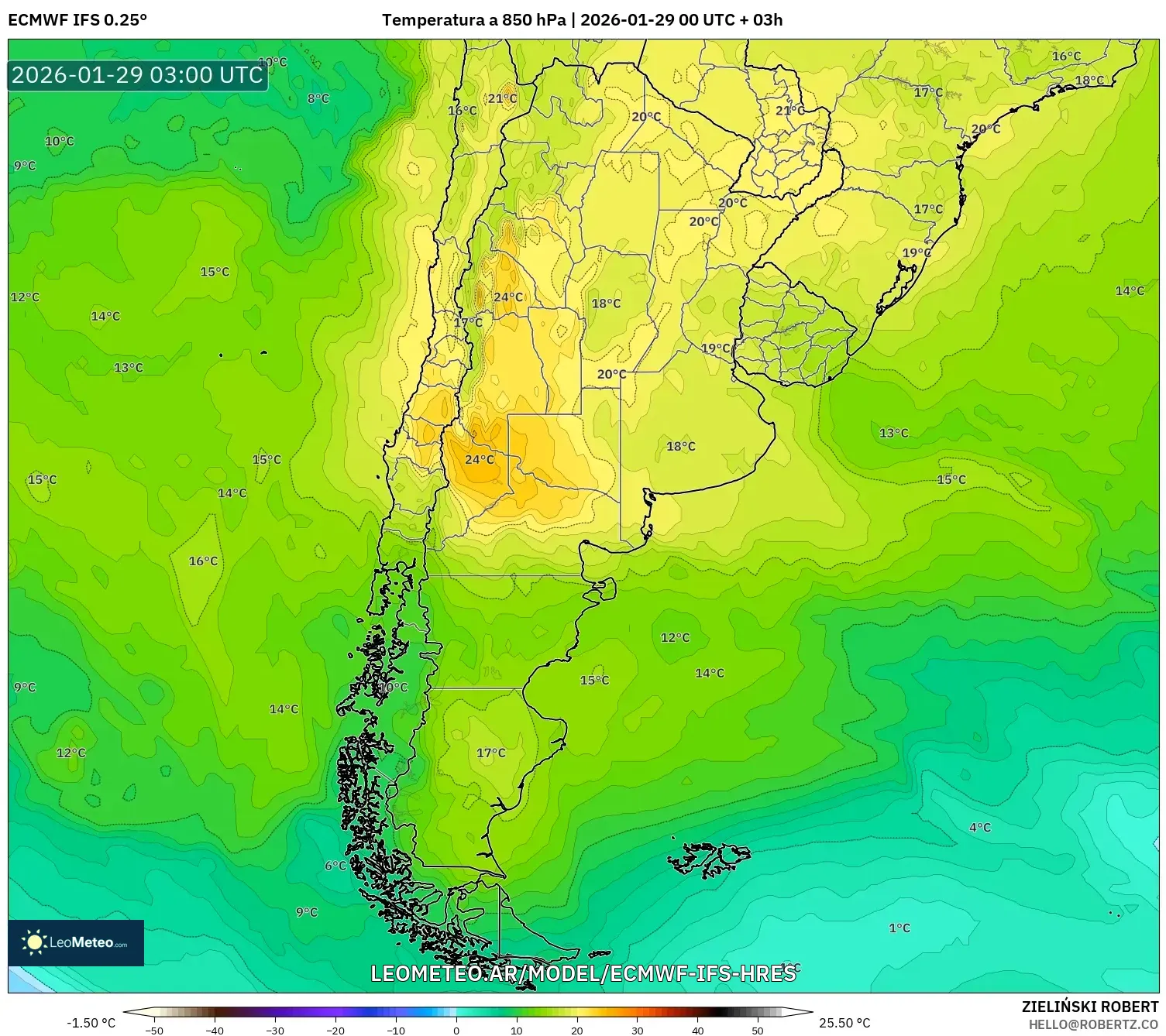 ECMWF IFS 0,25° model - Argentina, Temperatura a 850 hPa